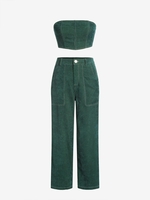 ZAFUL Ensemble de Haut Tube en Velours Côtelé et de Pantalon S Vert profond