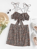 ZAFUL Ensemble de Jupe Fendue Fleurie Imprimée à Epaule Nouée L Orange