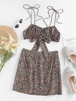 ZAFUL Ensemble de Jupe Fendue Fleurie Imprimée à Epaule Nouée L Orange