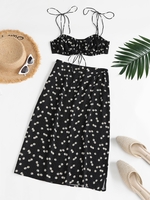 ZAFUL Ensemble de Jupe Fleurie Nouée à Volants Deux Pièces L Noir