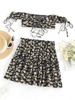 ZAFUL Ensemble de Jupe Marguerite Fleurie à Epaule Dénudée S Noir