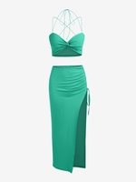 ZAFUL Ensemble de Jupe Moulante Fendue Tordue à Fente Haute L Vert