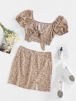 ZAFUL Ensemble de Jupe Nouée Fleurie Imprimée à Manches Bouffantes Deux Pièces M