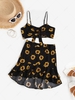 ZAFUL Ensemble de Jupe à Imprimé Tournesol Noué en Avant à Volants Deux Pièces M Noir