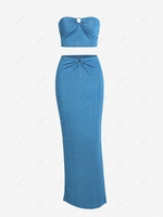 ZAFUL Ensemble de Maxi Jupe Bandeau Fendue Anneau en O en Jersey L Bleu