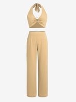 ZAFUL Ensemble de Pantalon Anneaux en O à Jambe Large à Col Halter L Café lumière