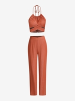 ZAFUL Ensemble de Pantalon Droit Croisé à Col Halter S Café