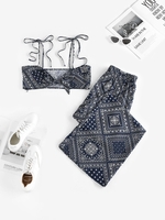 ZAFUL Ensemble de Pantalon Noué Ethnique à Imprimé Echarpe à Jambe Large S Bleu profond