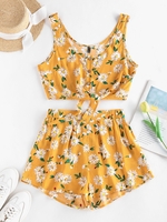 ZAFUL Ensemble de Short Boutonné Fleuri à Jambe Large à Ourlet Noué S Deep yellow