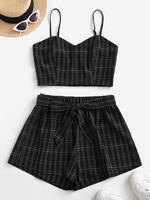 ZAFUL Ensemble de Short Ceinturé à Carreaux à Volants S Noir