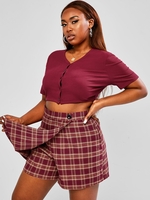 ZAFUL Ensemble de Short Côtelé Boutonné à Carreaux Grande Taille 4xl Rouge foncé