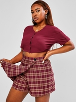 ZAFUL Ensemble de Short Côtelé Boutonné à Carreaux Grande Taille 4xl Rouge foncé