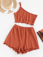 ZAFUL Ensemble de Short Côtelé Une Epaule à Ourlet en Laitue M Café