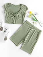 ZAFUL Ensemble de Short de Cycliste Côtelé Noué en Couleur Unie S Vert clair