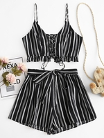 ZAFUL Ensemble de Short Lâche Ceinturé Rayé à Lacets à Volants S Noir