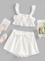 ZAFUL Ensemble de Short Paperbag Broderie Anglaise à Volants S Blanc