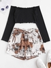 ZAFUL Ensemble de Short Paperbag Fleuri Côtelé à Epaule Dénudée M Multi a
