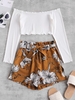 ZAFUL Ensemble de Short Paperbag Fleuri Côtelé à Epaule Dénudée S