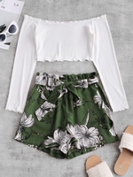 ZAFUL Ensemble de Short Paperbag Fleuri Côtelé à Epaule Dénudée S Multi b