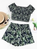 ZAFUL Ensemble de Short Plissé à Imprimé Feuille à Jambe Large L Bleu profond