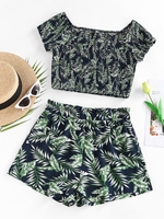 ZAFUL Ensemble de Short Plissé à Imprimé Feuille à Jambe Large L Bleu profond