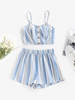 ZAFUL Ensemble de Short Rayé Boutonné Plissé L Bleu clair