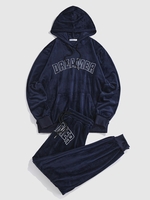 ZAFUL Ensemble de Sweat à Capuche Citrouille Brillant Brodé en Velours et Pantalon de Jogging Xxl Bleu profond