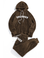 ZAFUL Ensemble de Sweat à Capuche Fourré Motif de Lettre et de Pantalon Deux Pièces S Brun ours