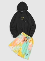 ZAFUL Ensemble de Sweat à Capuche Visage Brodé et de Short Teinté Imprimé Xl Noir