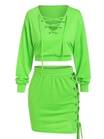 ZAFUL Ensemble de Sweat-shirt Court en Couleur Brillante à Lacets et de Jupe Xl Vert