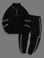 ZAFUL Ensemble de Sweat-shirt Lettre Graphique et Rayure Zébrée Brodée en Laine et Pantalon Taille unique Noir