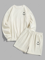 ZAFUL Ensemble de Sweat-shirt Visage Souriant Brodé en Laine et de Short S Blanc