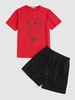 ZAFUL Ensemble de T-shirt à Imprimé Lumineux Ours en Couleur Unie et de Short M Rouge