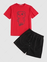 ZAFUL Ensemble de T-shirt à Imprimé Lumineux Ours en Couleur Unie et de Short S Rouge