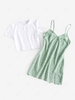ZAFUL Ensemble de T-shirt de Base à Bretelle et de Robe Fleurie L Vert clair