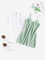 ZAFUL Ensemble de T-shirt de Base à Bretelle et de Robe Fleurie S Vert clair