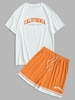 ZAFUL Ensemble de T-shirt de Sport à Lettre CALIFORNIA et Short à Cordon S Orange