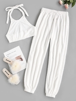 ZAFUL Ensemble de Top et de Pantalon Contrasté à Col Halter avec Cordon Pour Femme M Blanc