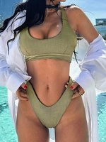 ZAFUL Ensemble de Top de Bikini Croisé et de Bas à Coupe Haute L Vert