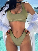 ZAFUL Ensemble de Top de Bikini Croisé et de Bas à Coupe Haute M Vert