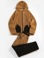 ZAFUL Ensemble de Veste à Capuche Fourrée en Blocs de Couleurs et de Pantalon Xl Café