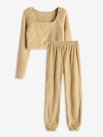 ZAFUL Ensemble Deux Pièces avec Haut Fourré en Tissu Duveteux et Pantalon S Café lumière