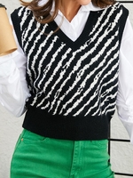 ZAFUL Gilet Pull Lâche Rayé à Col V S Noir