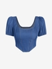 ZAFUL Haut Corset en Tissu Rayé Cousu à Manches Bouffantes S Bleu