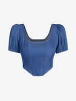 ZAFUL Haut Corset en Tissu Rayé Cousu à Manches Bouffantes S Bleu