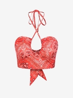 ZAFUL Haut Court à Imprimé Ethnique Noué à Col Halter M Rouge