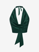 ZAFUL Haut Court Drapé avec Nœud Papillon en Satin à Col Halter Xl Vert profond
