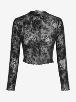ZAFUL Haut Court Fleuri en Dentelle Transparente à Ourlet en Laitue à Manches Longues S Noir