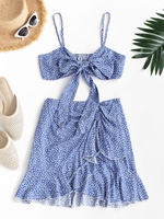 ZAFUL Haut Court Noué à Imprimé Fleuri à Bretelle et de Mini Jupe Sanglée S Bleu