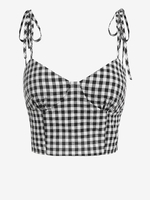 ZAFUL Haut Court Plissé à Epaule Nouée en Vichy M Noir